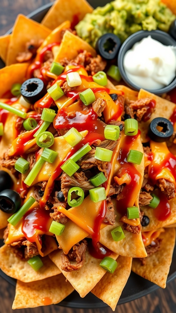 Cheesy BBQ pork nachos topped with pulled pork, cheese, jalapeños, olives, and served with guacamole and sour cream.